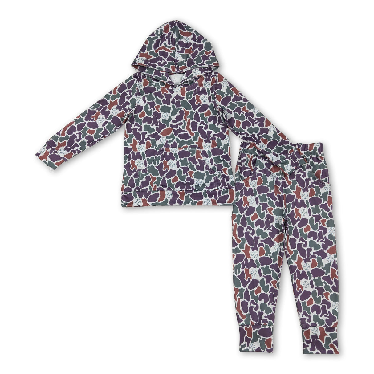 Long sleeves green camo baseball kids boys hoodie set