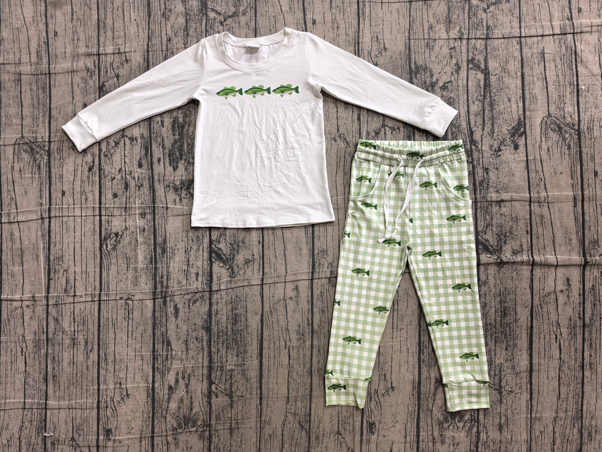 Long sleeves fish top plaid pants kids boys outfits