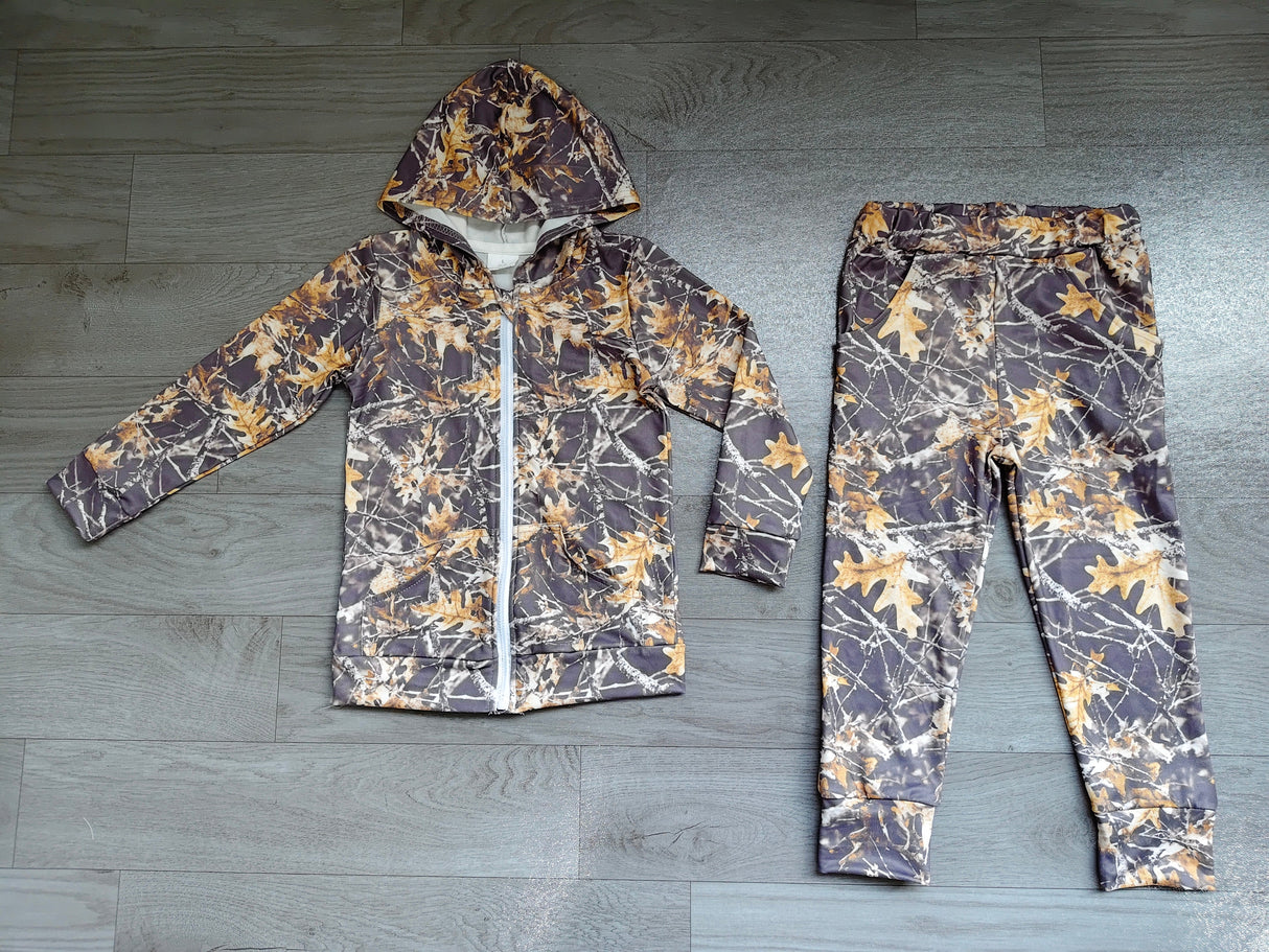 Long sleeves leaves camo hooded jacket pants boys outfits