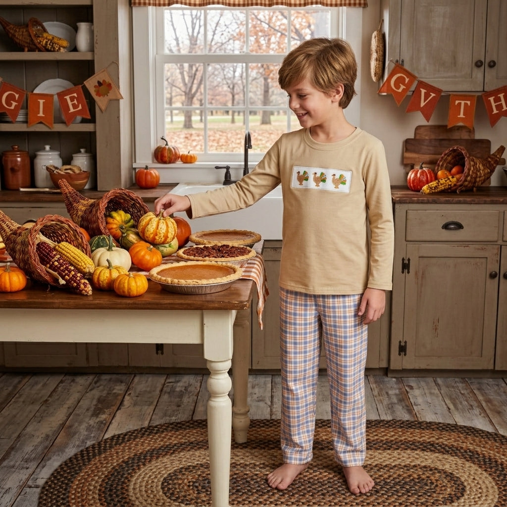 Turkey embroidery top plaid pants boys Thanksgiving set