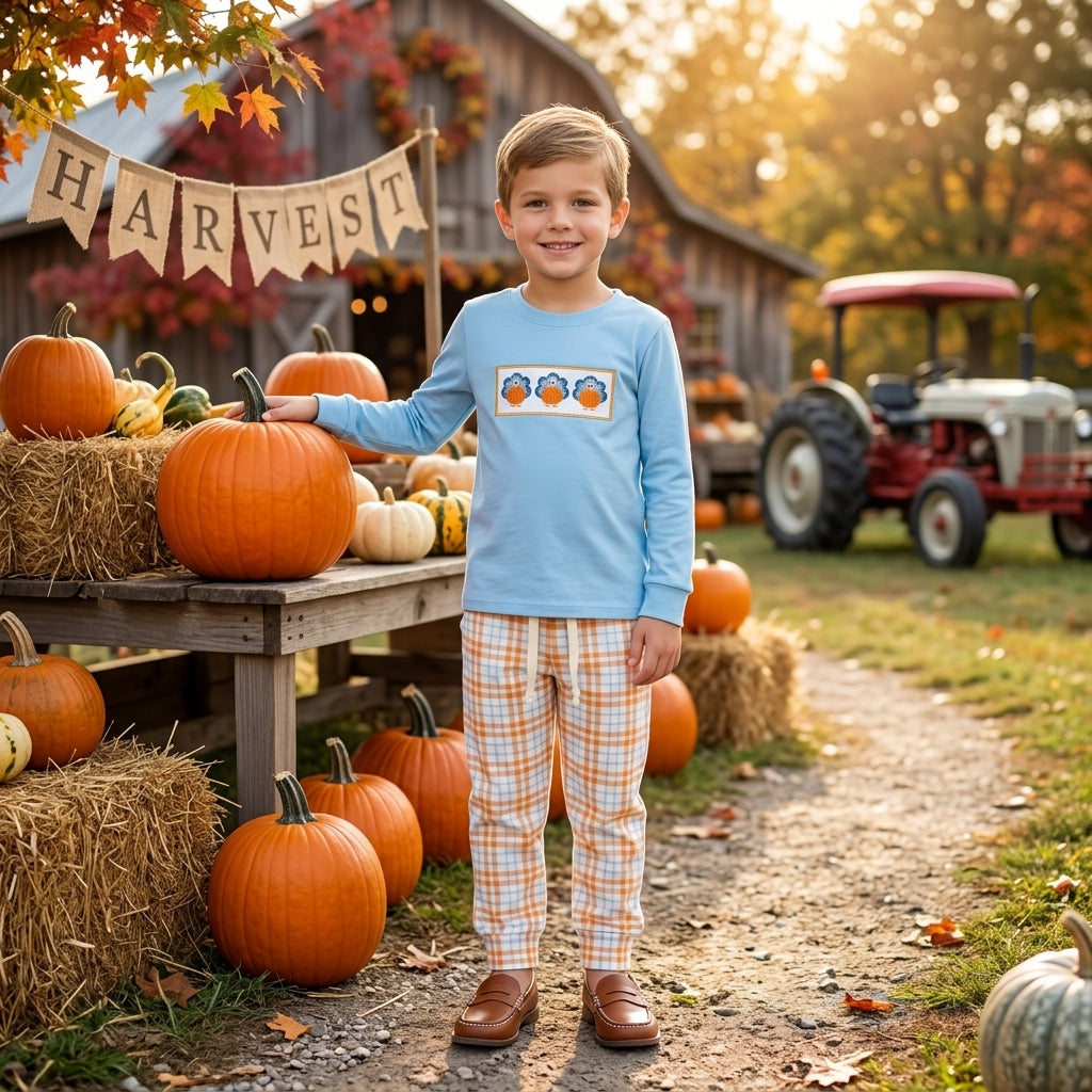 Turkey pumpkin embroidery boys Thanksgiving outfits