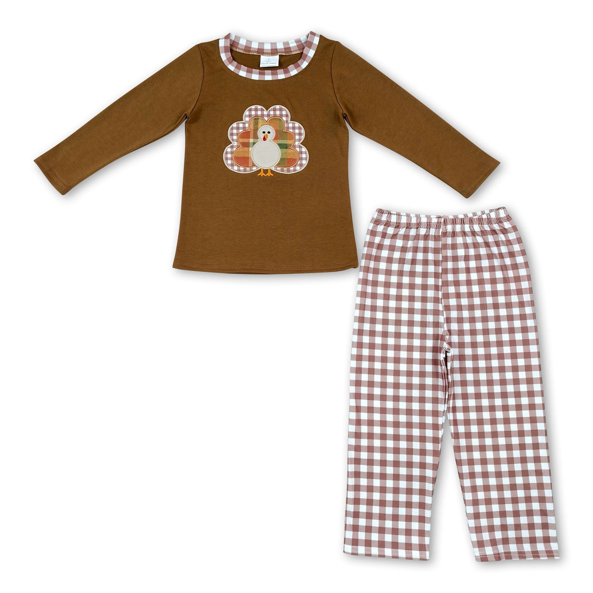 Brown turkey embroidery top pants boy Thanksgiving set