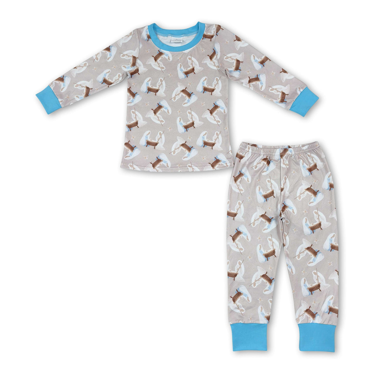 Light blue long sleeves nativity kids boys Christmas pajamas