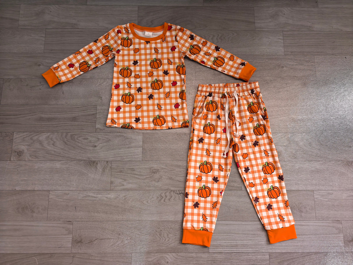 Long sleeves plaid leaves pumpkin boy fall pajamas