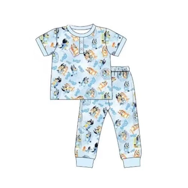 Short sleeves blue dog print top pants boys pajamas