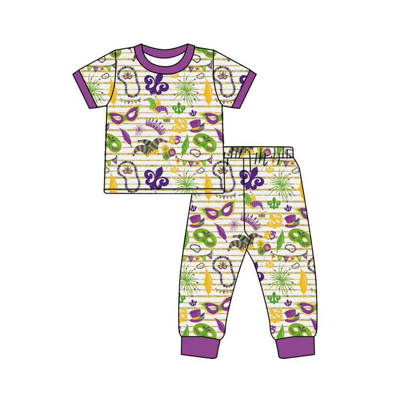 Purple short sleeves stripe boys Mardi Gras pajamas