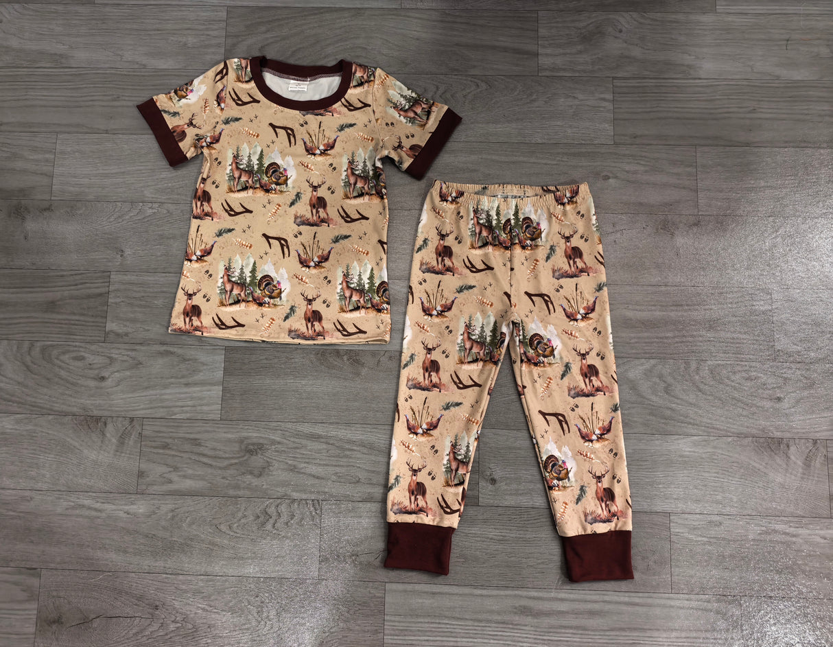 Brown short sleeves deer turkey kids boys pajamas