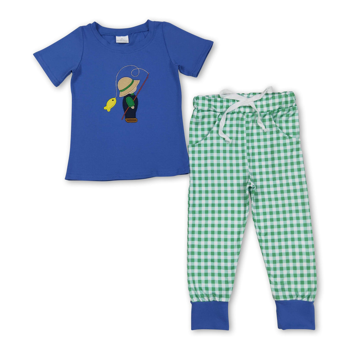 Short sleeves blue fishing top plaid pants boys clothing set