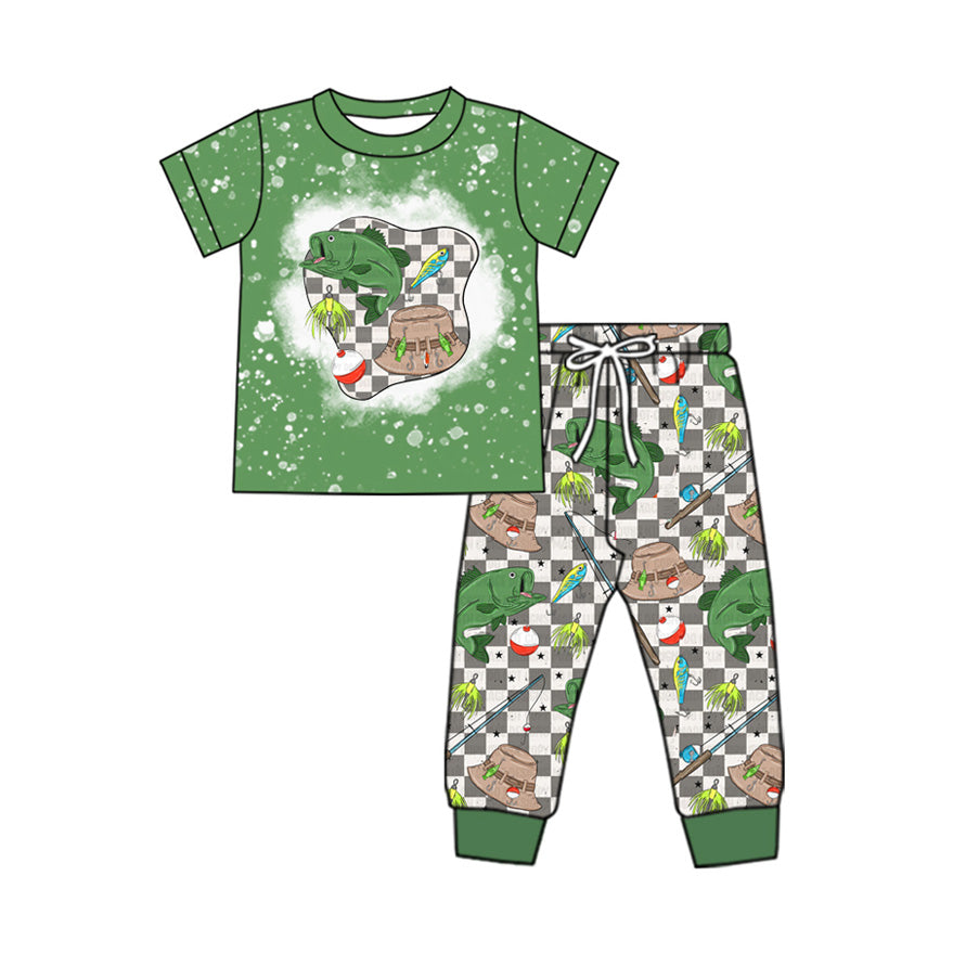 Green short sleeves top plaid fishing pants kids boys clothes