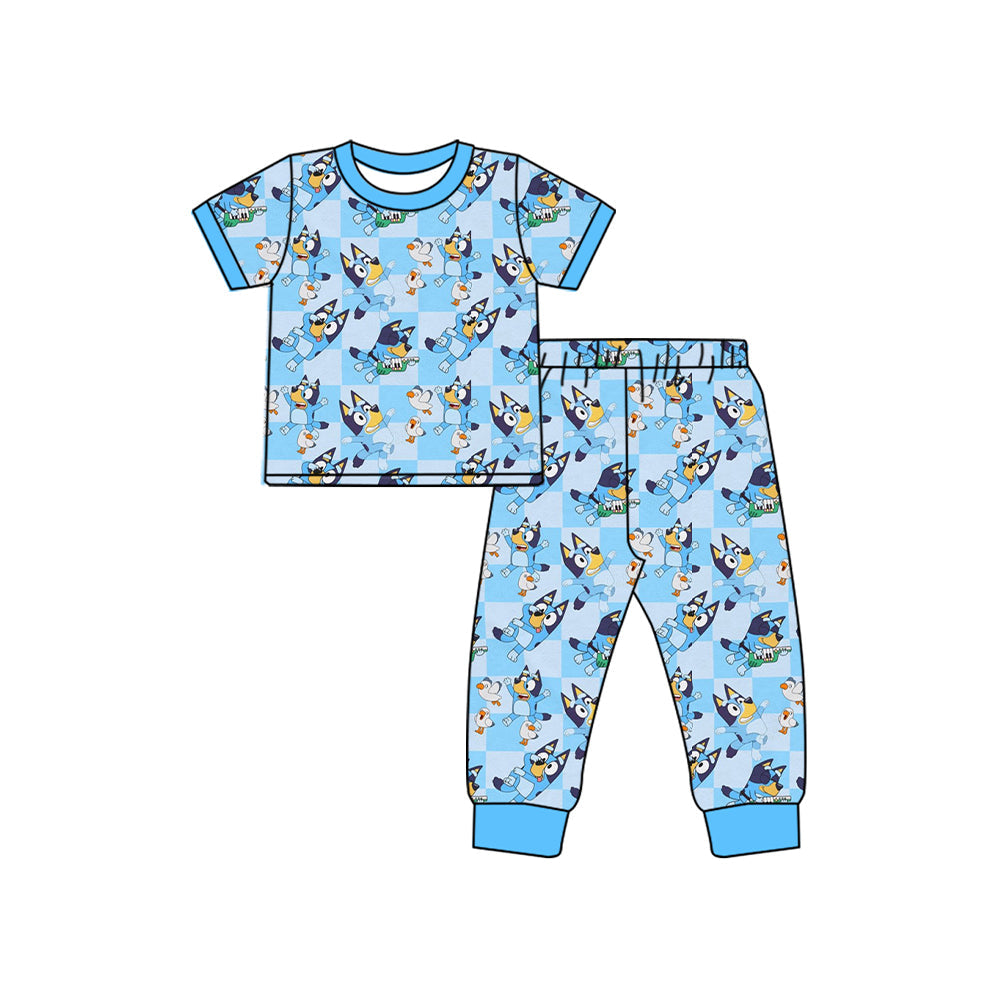 Short sleeves light blue plaid dog baby kids pajamas