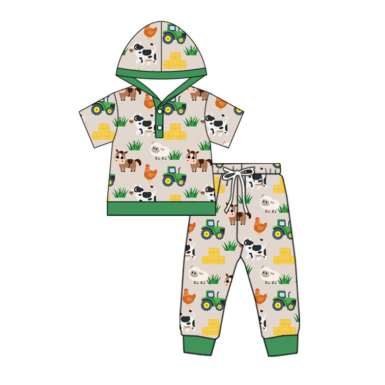 Green tractor cow sheep chicken kids boys farm hoodie set