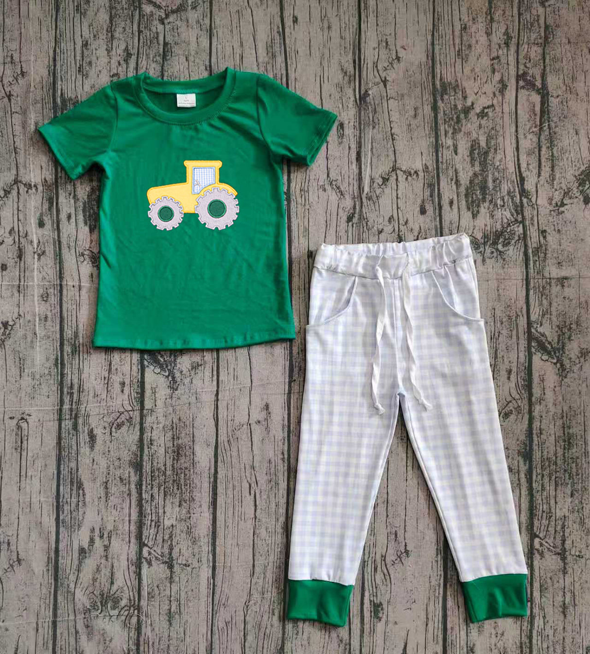 Short sleeves green tractor embroidery top pants boys clothes