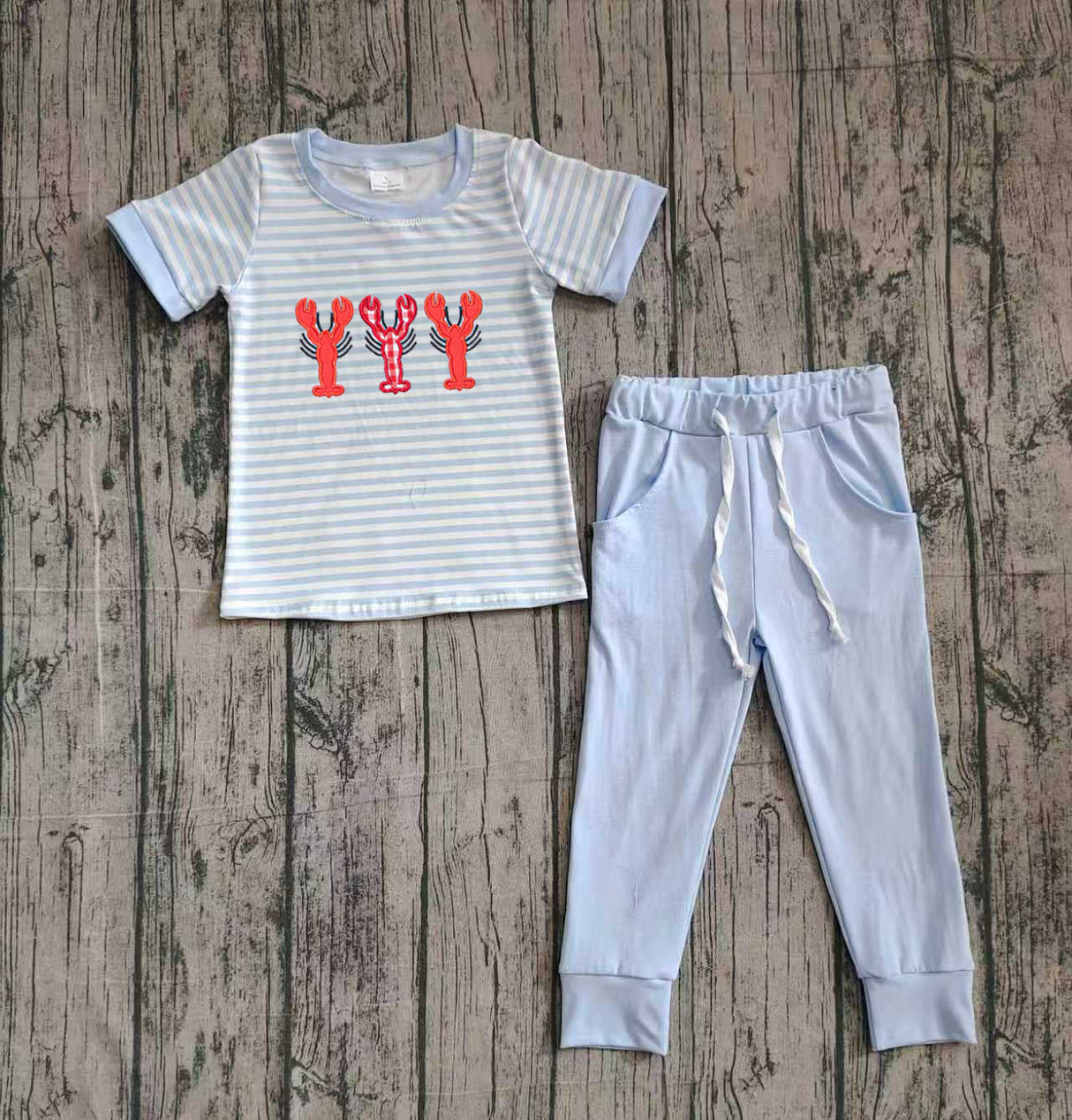 Stripe crawfish embroidery top pants boys clothing set