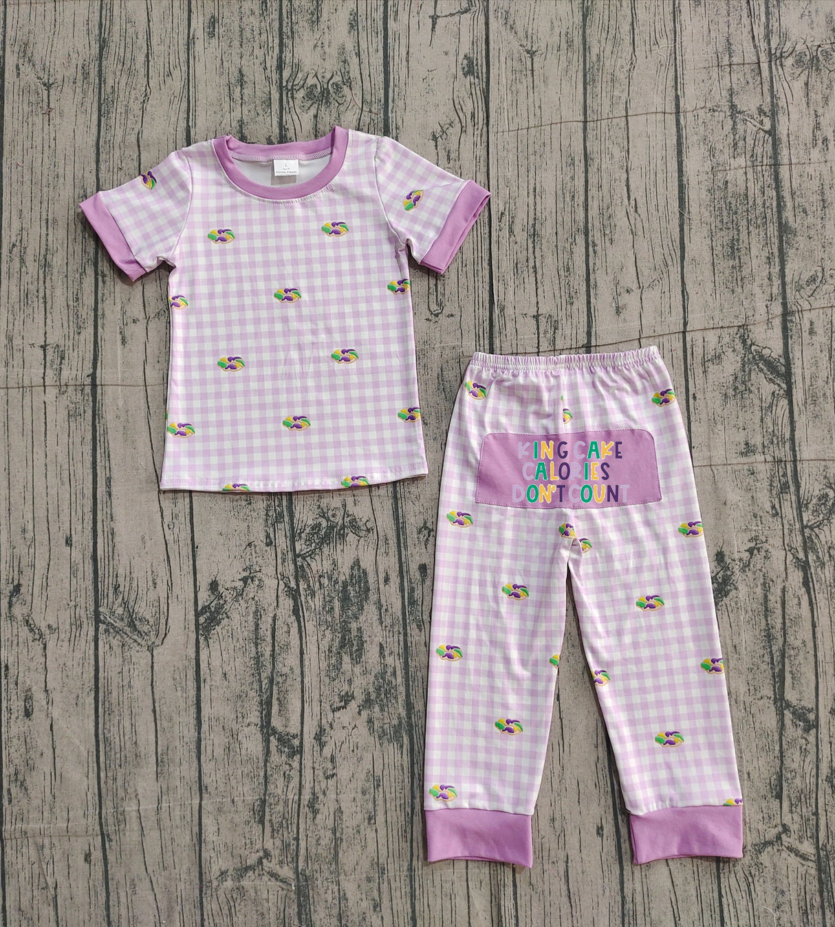 Lavender plaid donut baby kids Mardi Gras pajamas