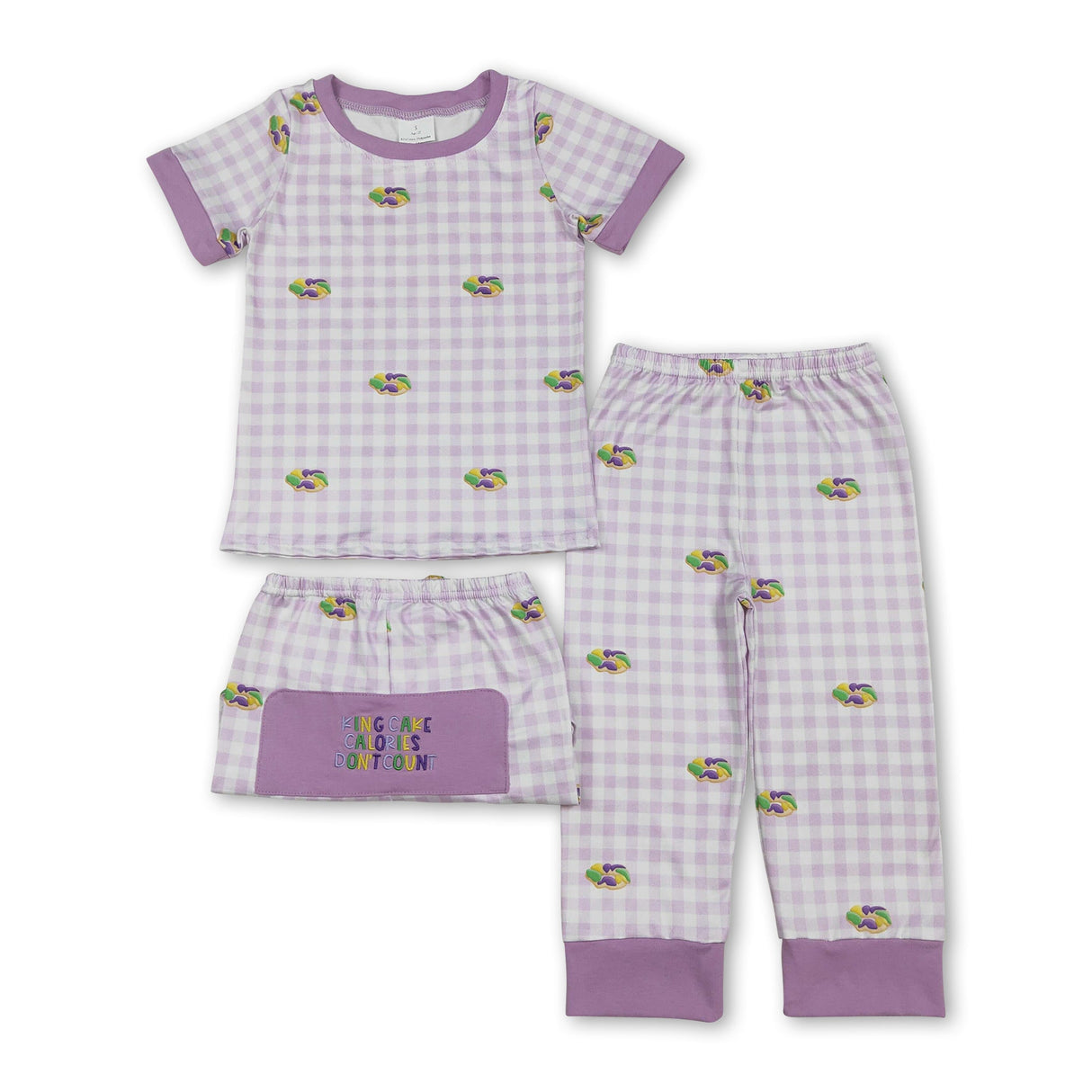 Lavender plaid donut baby kids Mardi Gras pajamas