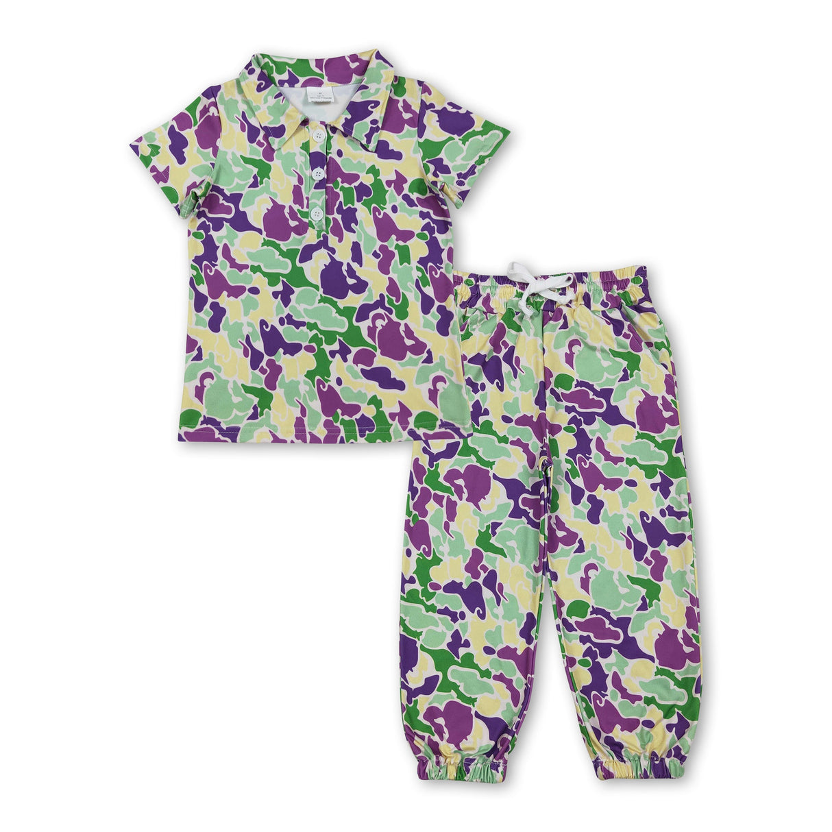 Purple yellow green camo top pants kids Mardi Gras outfits