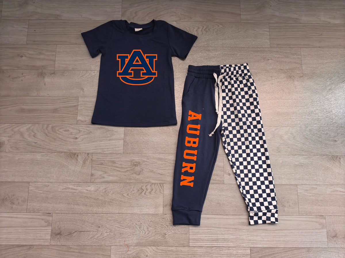 Short sleeves A U top plaid pants kids boys team outfits