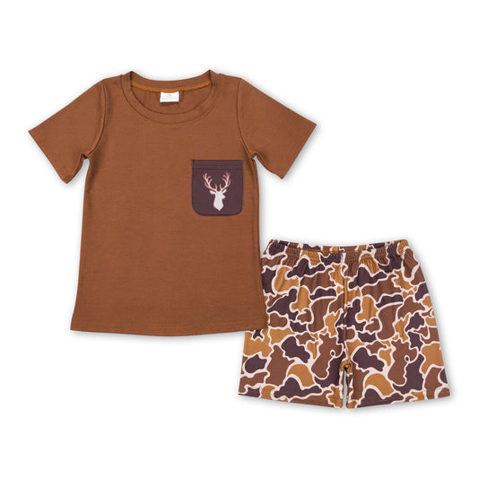 Brown deer pocket camo shorts boy summer outfits