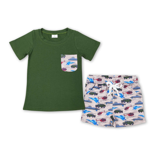 Green pocket top helicopter shorts boy summer clothes
