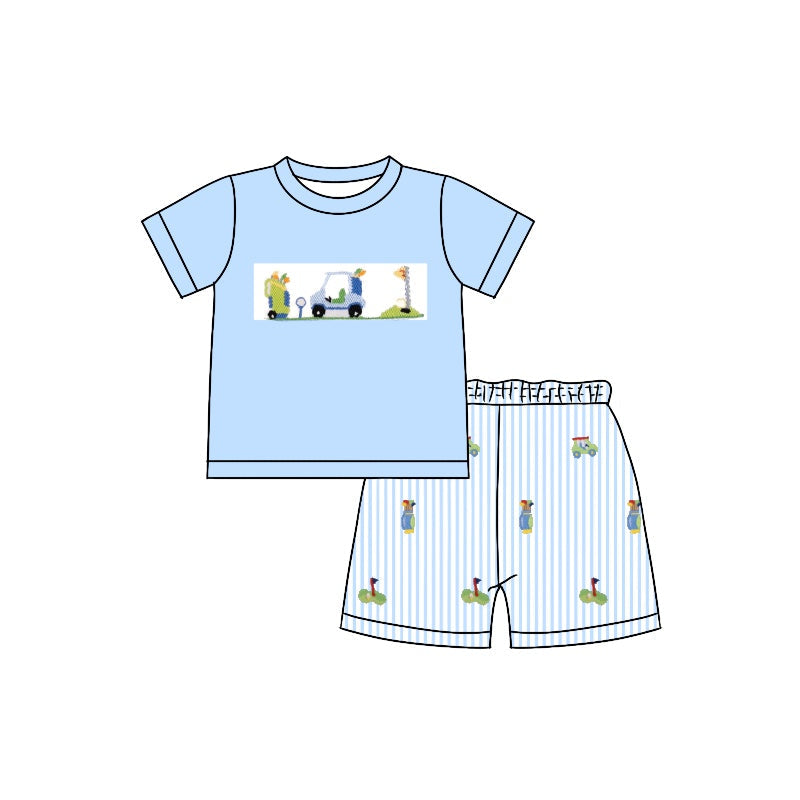Light blue golf top stripe shorts boys clothing set