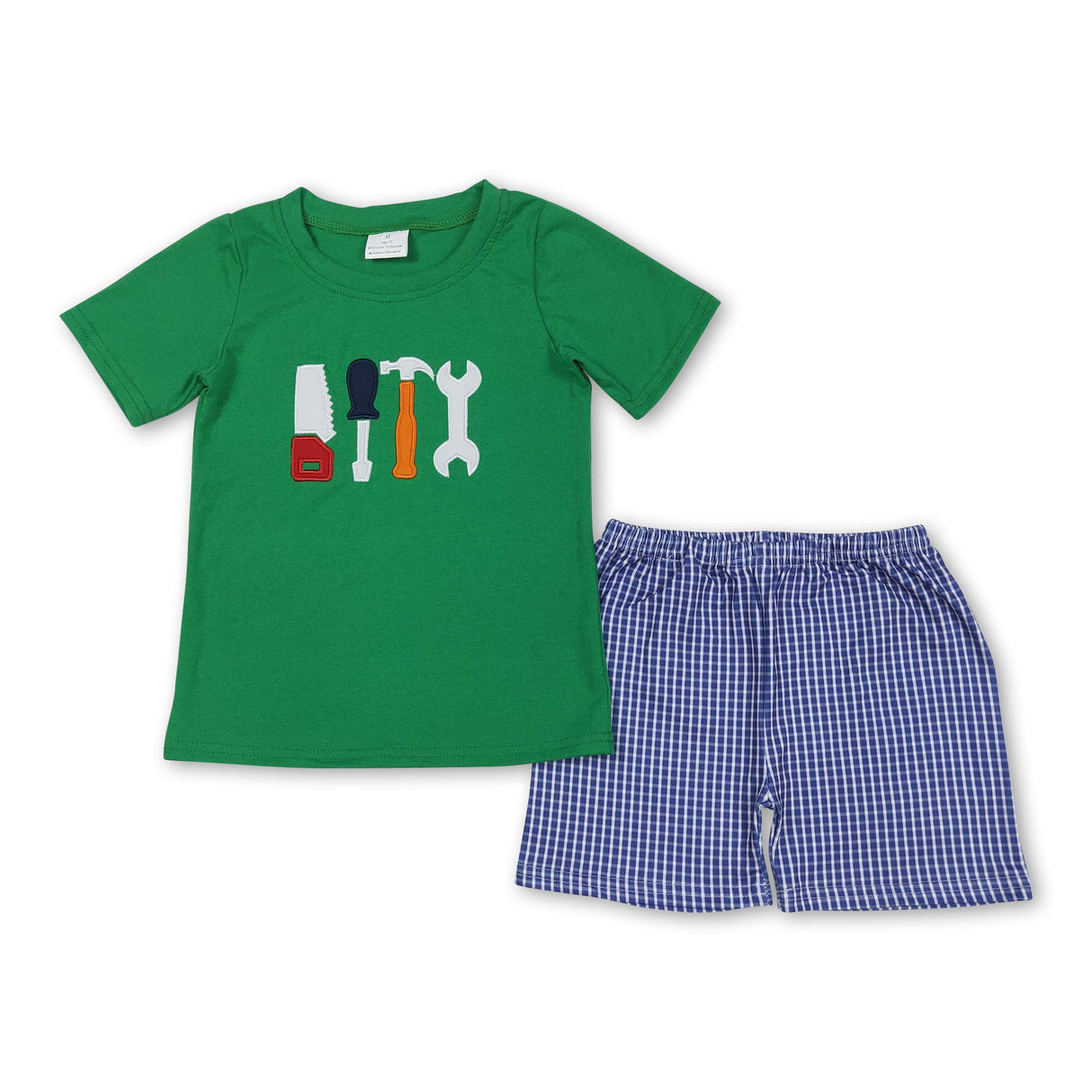 Green short sleeves tool top plaid shorts boys clothes
