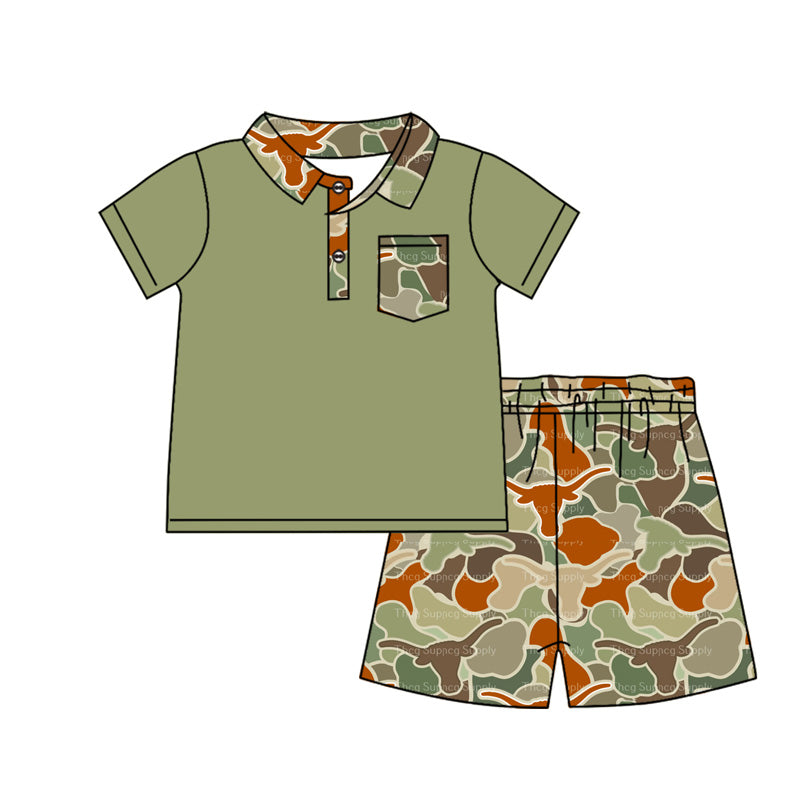 Pocket polo shirt camo bull skull shorts boys clothes