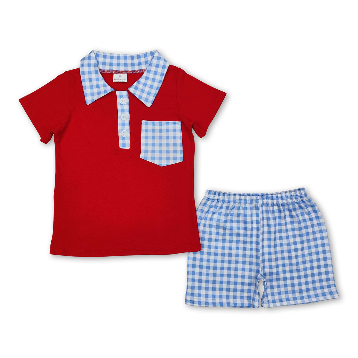 Red short sleeves polo shirt plaid shorts boys clothes