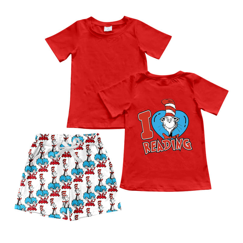 Red I love reading top cat hat shorts boys clothes