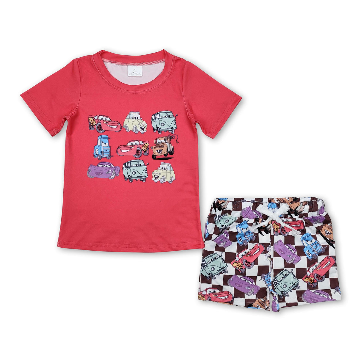 Red short sleeves top plaid cars shorts boys clothing
