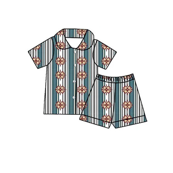 Short sleeves stripe aztec western kids button down pajamas