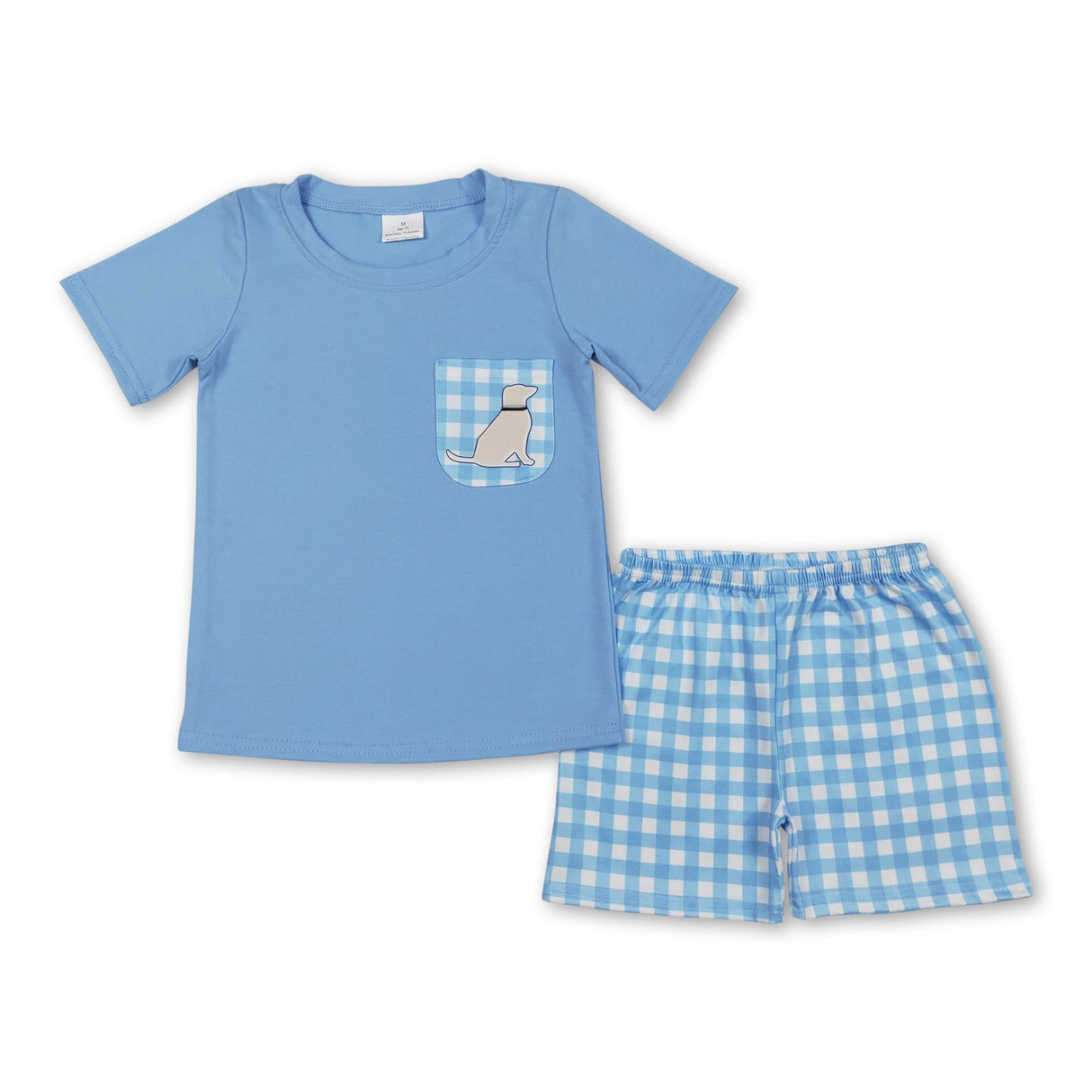 Short sleeves light blue dog pocket top plaid shorts boys clothes