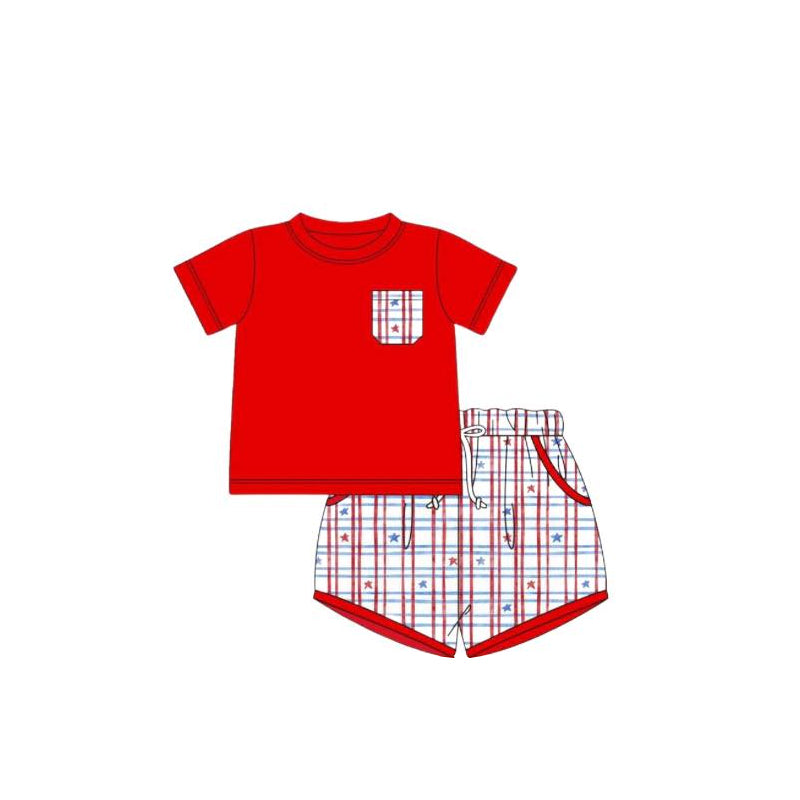 Red pocket top stars shorts boys 4th of july clothes