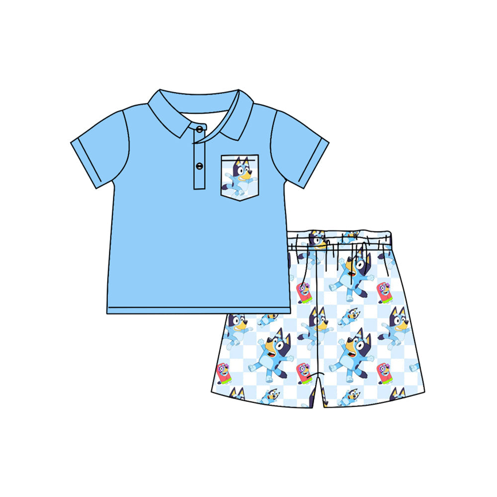 Light blue pocket polo shirt plaid dog shorts boys clothes