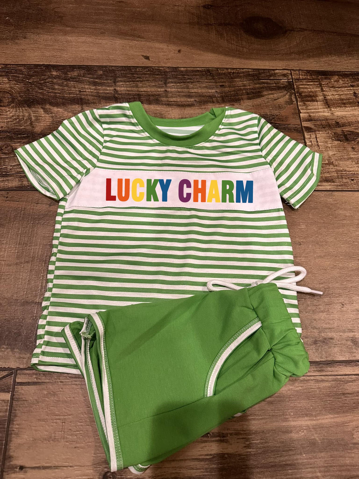 Green stripe lucky charm top shorts boys St Patrick's outfits