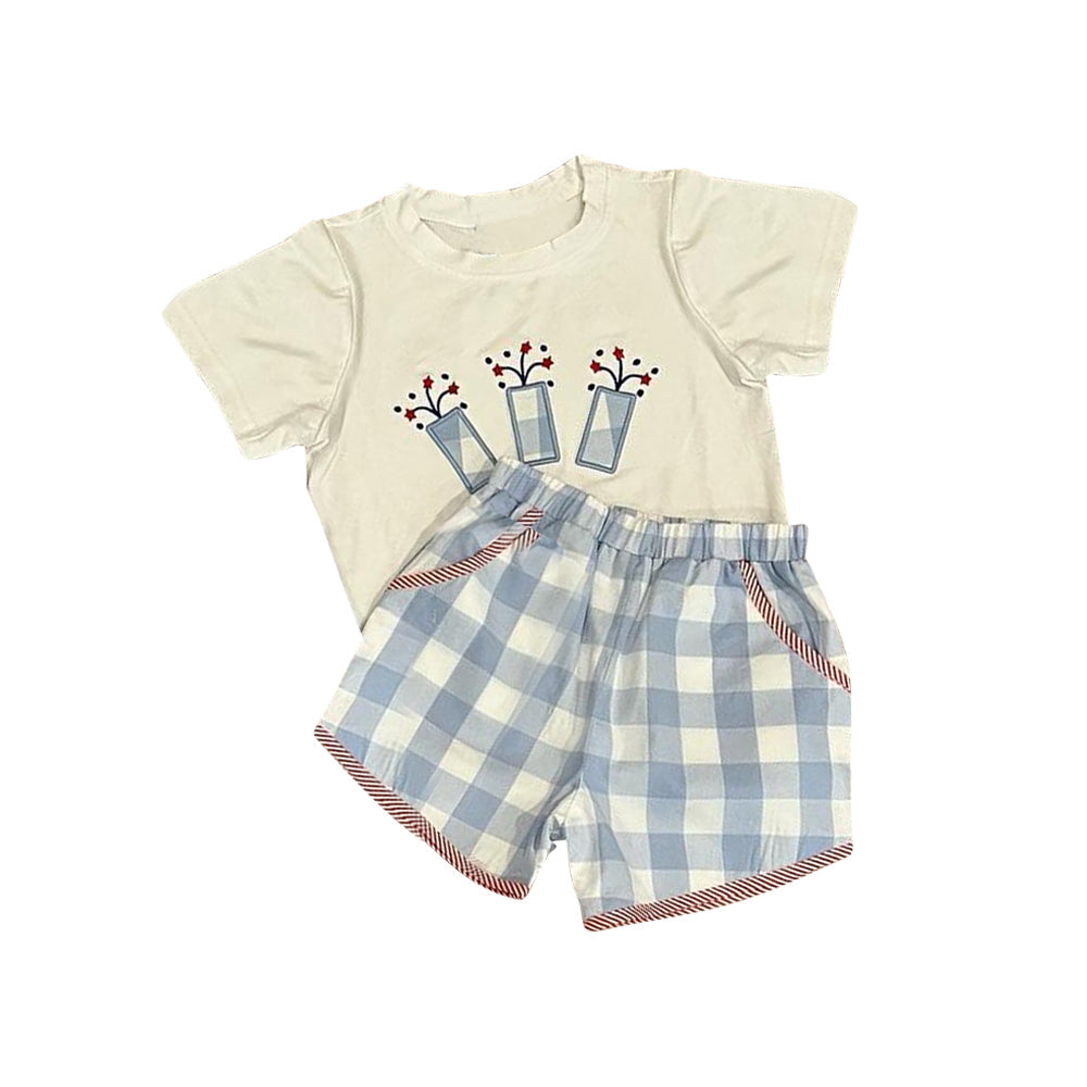 Short sleeves firework top plaid shorts boys clothes
