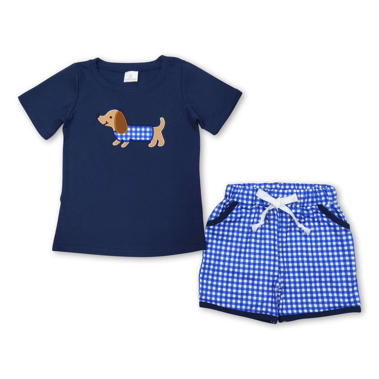 Navy dog top plaid shorts boys summer clothes