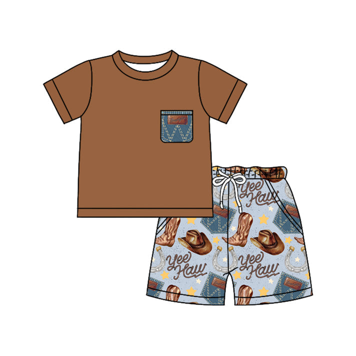 Brown pocket top boots hat shorts western boy clothes