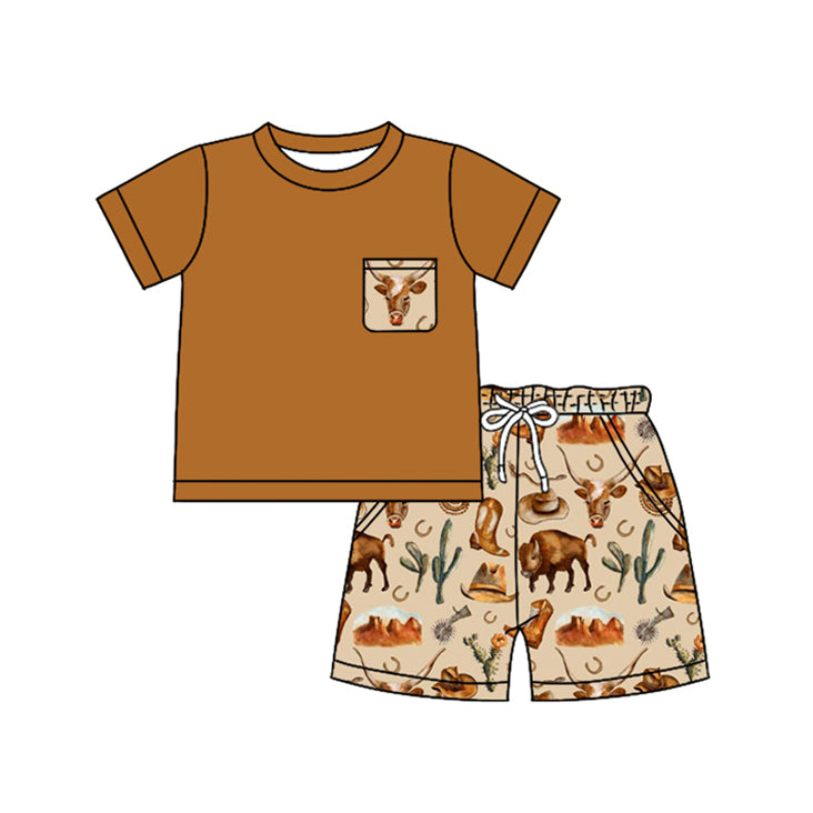 Brown pocket top cows cactus shorts western boys clothes