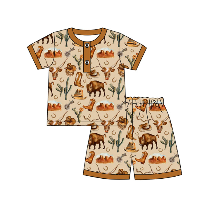 Short sleeves cows cactus western boys summer pajamas