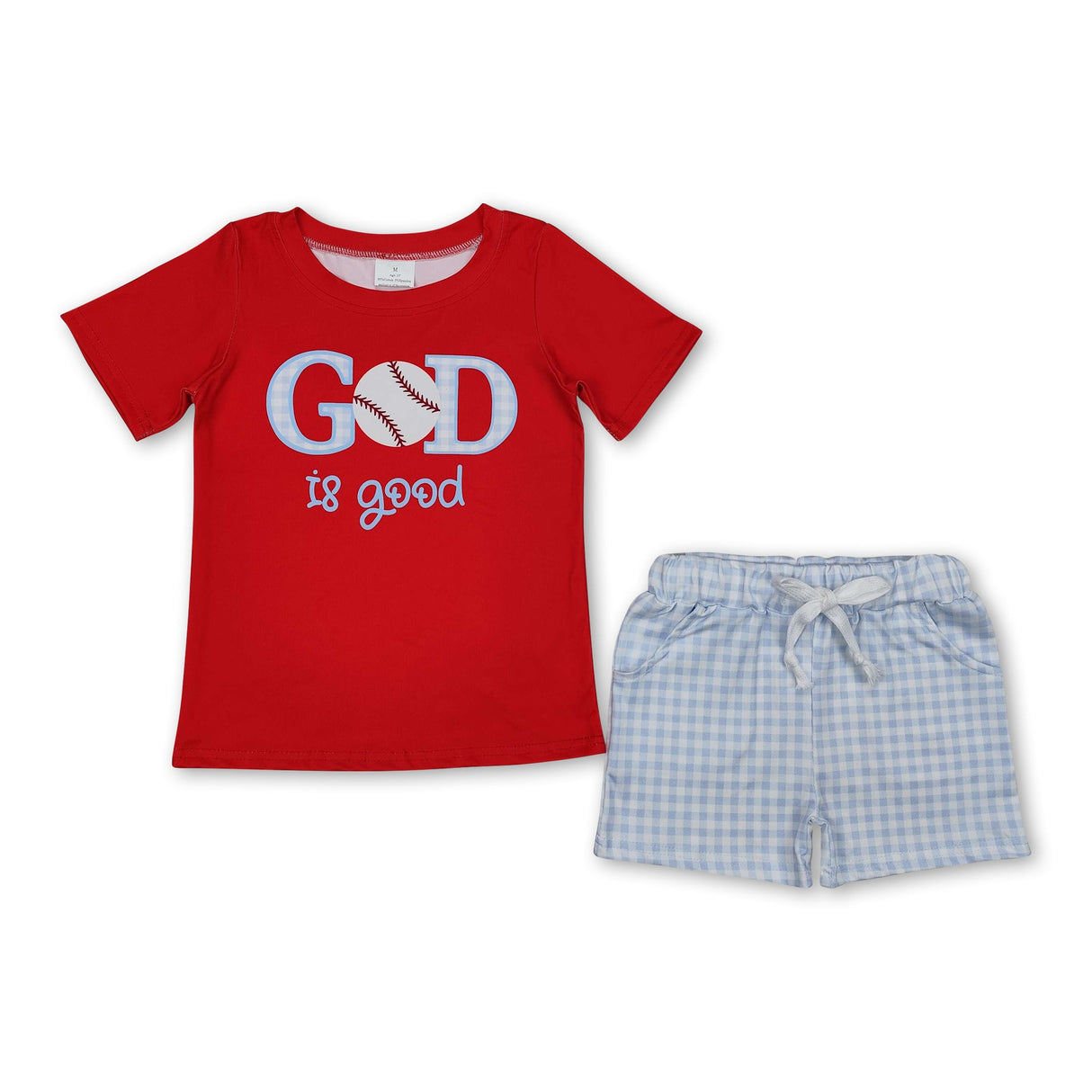 Red god is good baseball top plaid shorts boys clothes