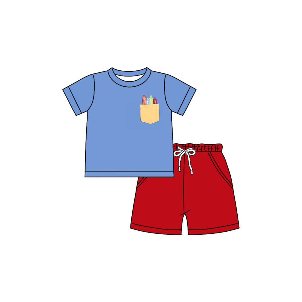 Blue crayon top red shorts boys back to school outfits