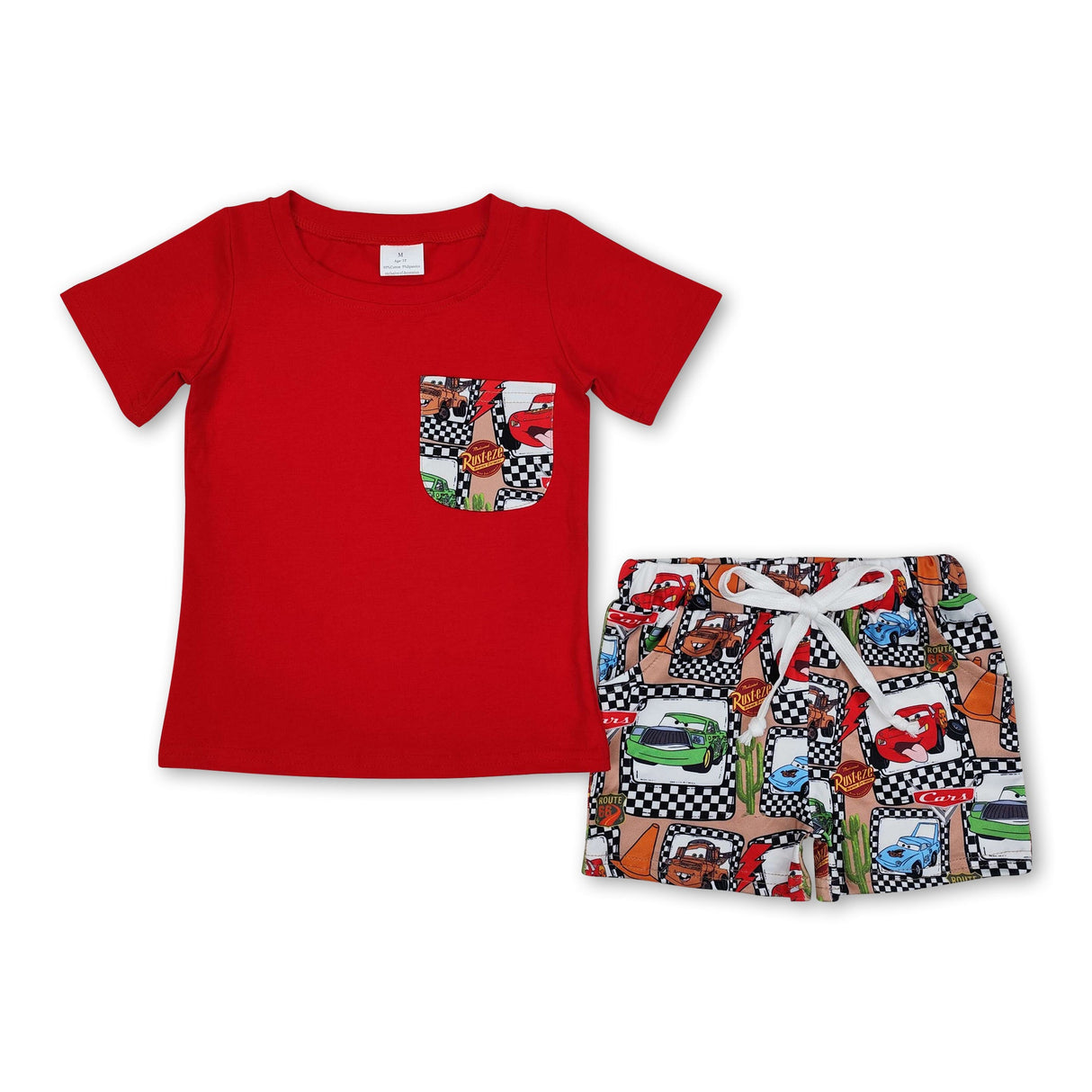 Red short sleeves pocket top cars shorts boys clothes