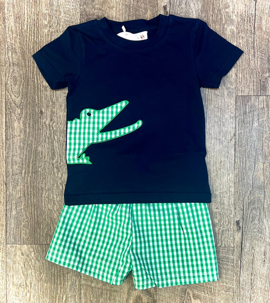 Navy dinosaur top green plaid shorts kids boys clothes