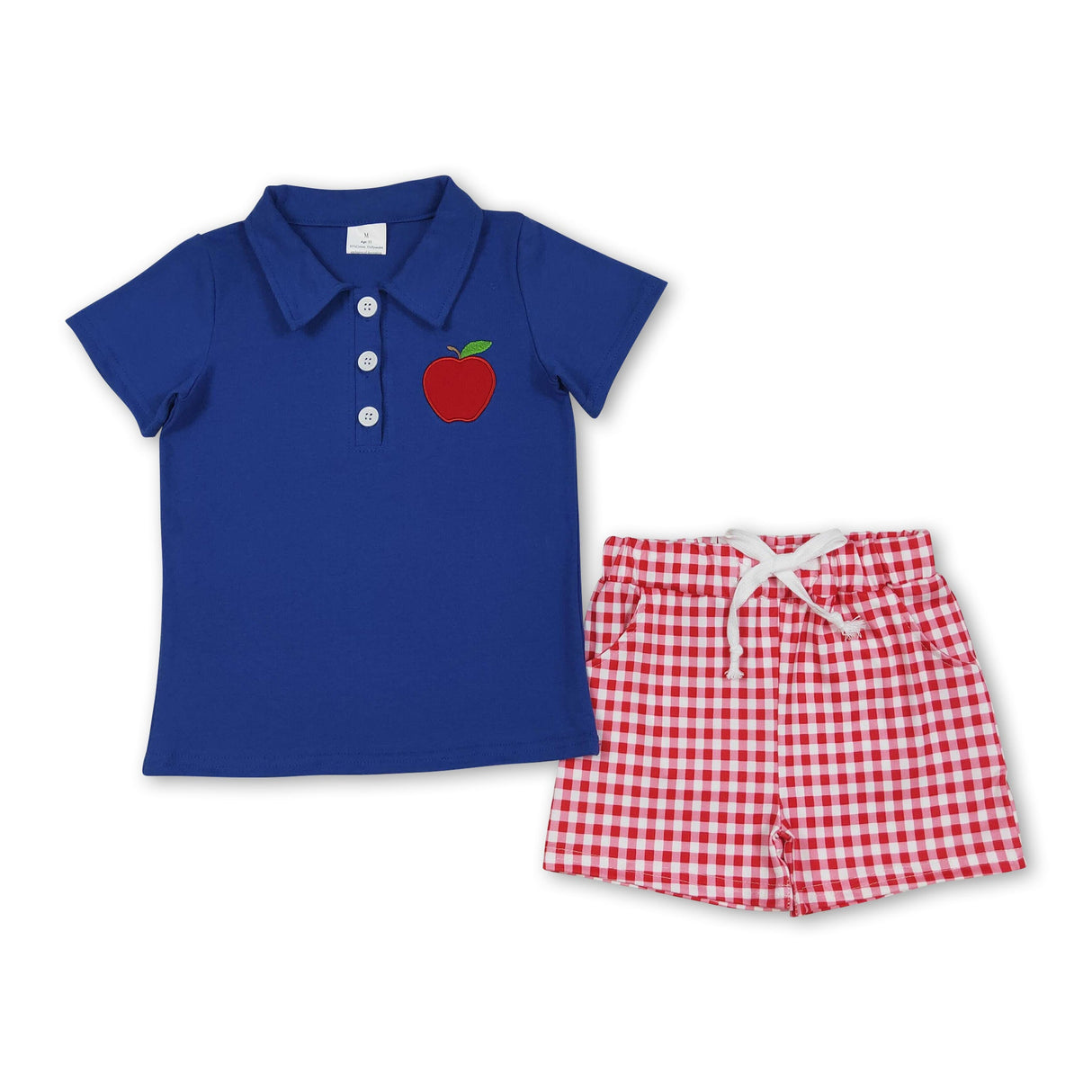 Blue apple polo shirt plaid shorts boys back to school outfits