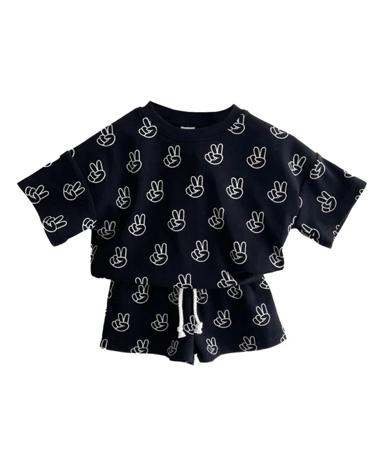 Black short sleeves peace kids boys summer clothes