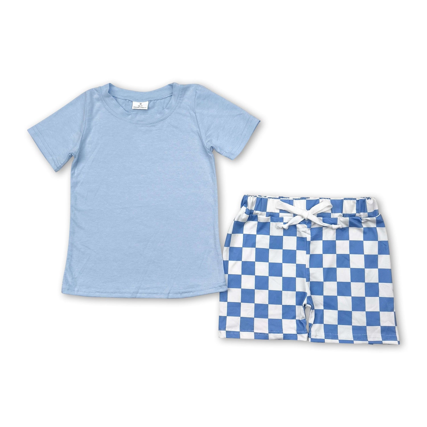 Light blue top plaid shorts kids boys summer outfits