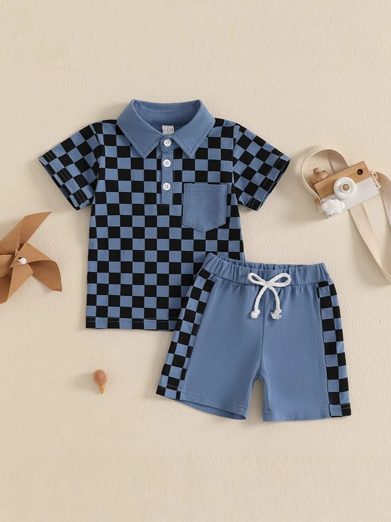 Blue black plaid polo shirt shorts skids boys clothing set