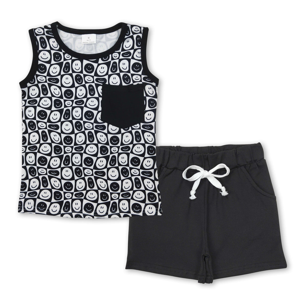 Black smile pocket top shorts kids boys summer clothes