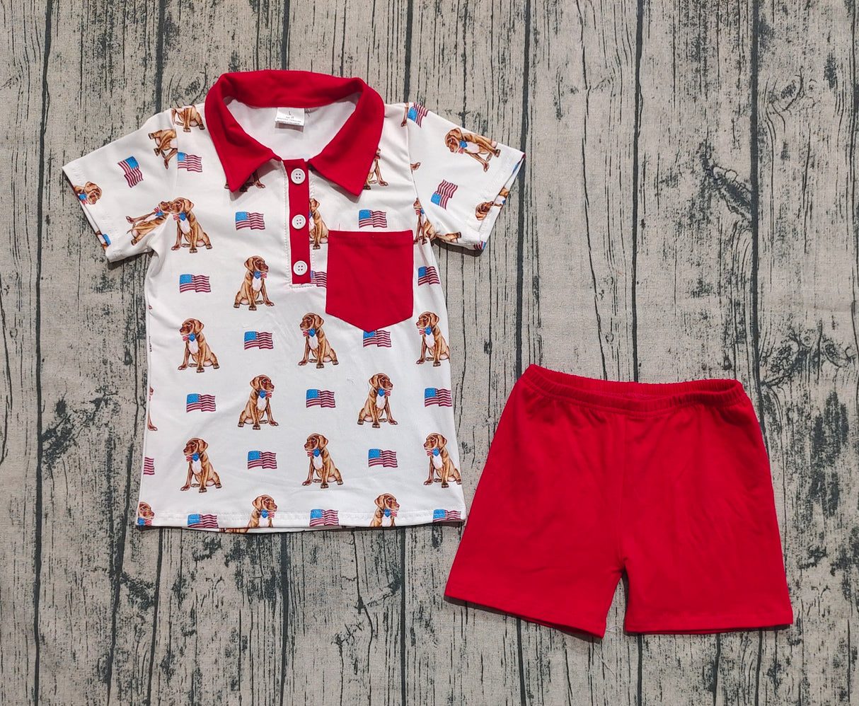 Red pocket dog flag polo shirt kids boys 4th of july clothes