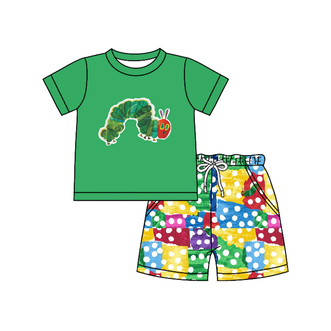 Short sleeves green worm top colorful shorts boys clothes